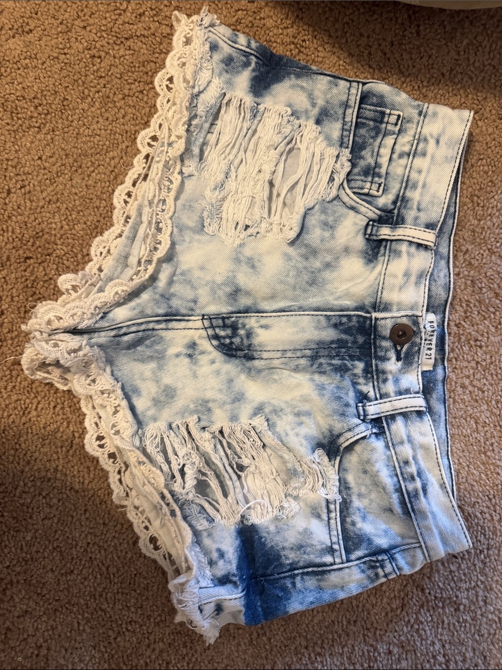 Forever 21 Bleached Blue Distressed Denim Shorts with White Lace Trim